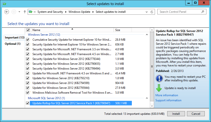 Microsoft Update offering SQL Server 2012 SP1 Cumulative Update 2 