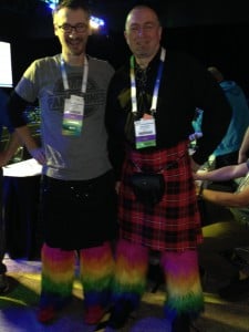 Brent and Grant with their rainbow leggings to support Doctors Without Borders