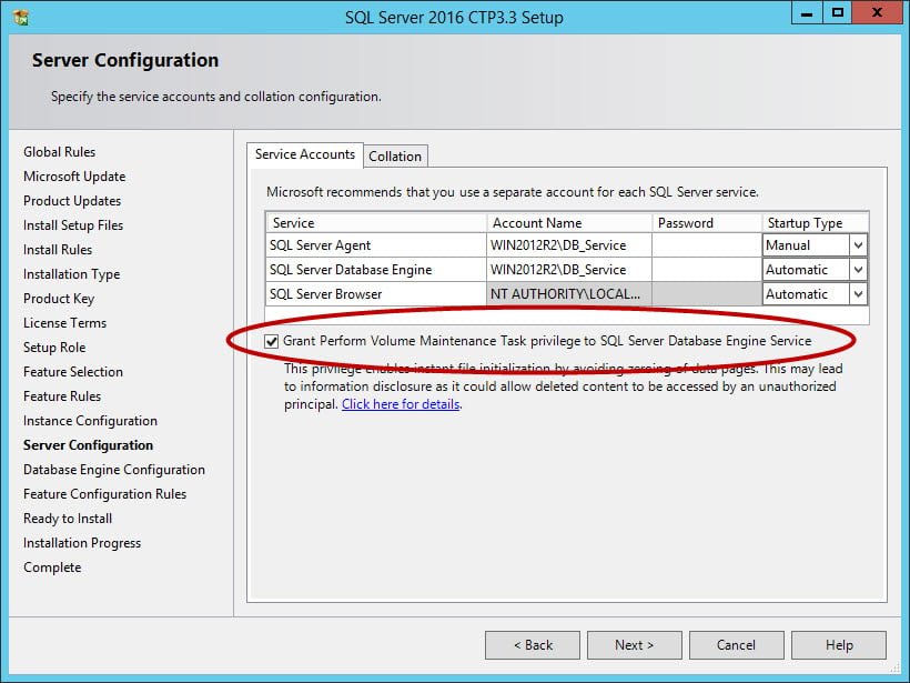 Enable Instant File Initialization during SQL Server 2016 installation