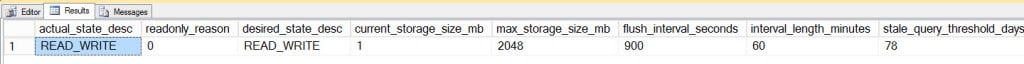 Output from sys.database_query_store_options for QSTest user database