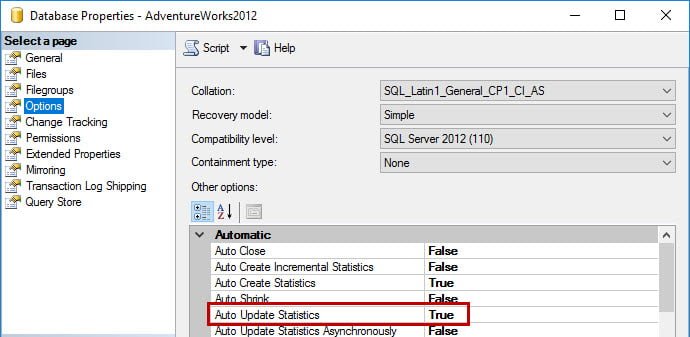 Auto Update Statistics option via SSMS