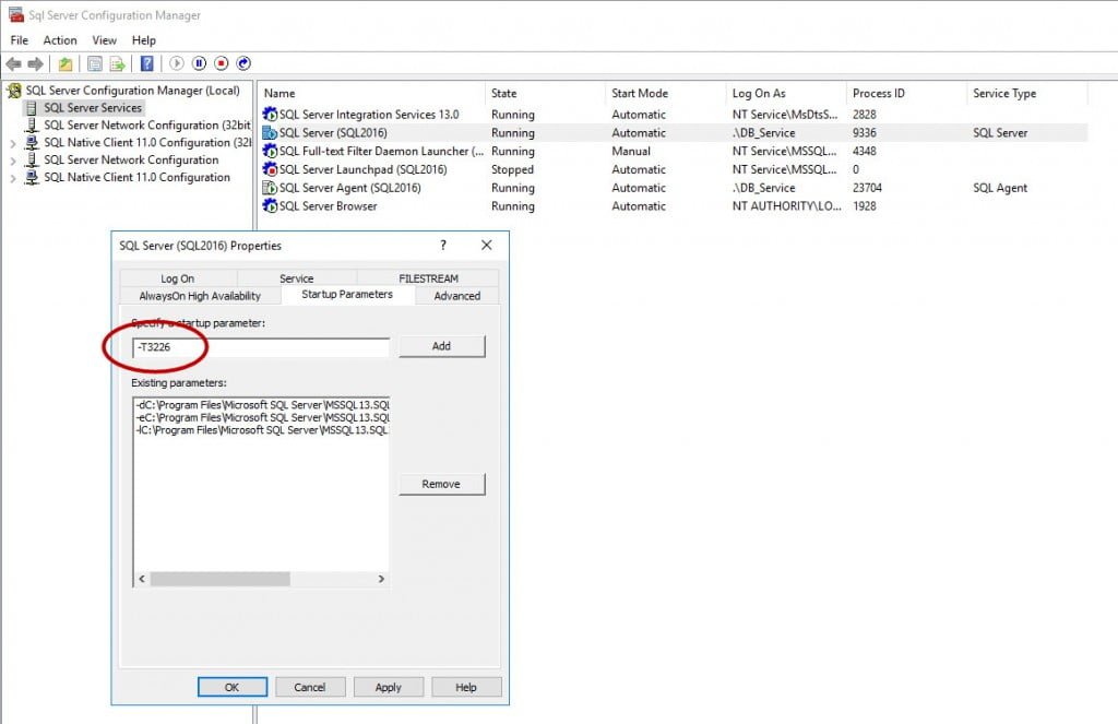 Adding TF 3226 as a startup parameter for the SQL Server service