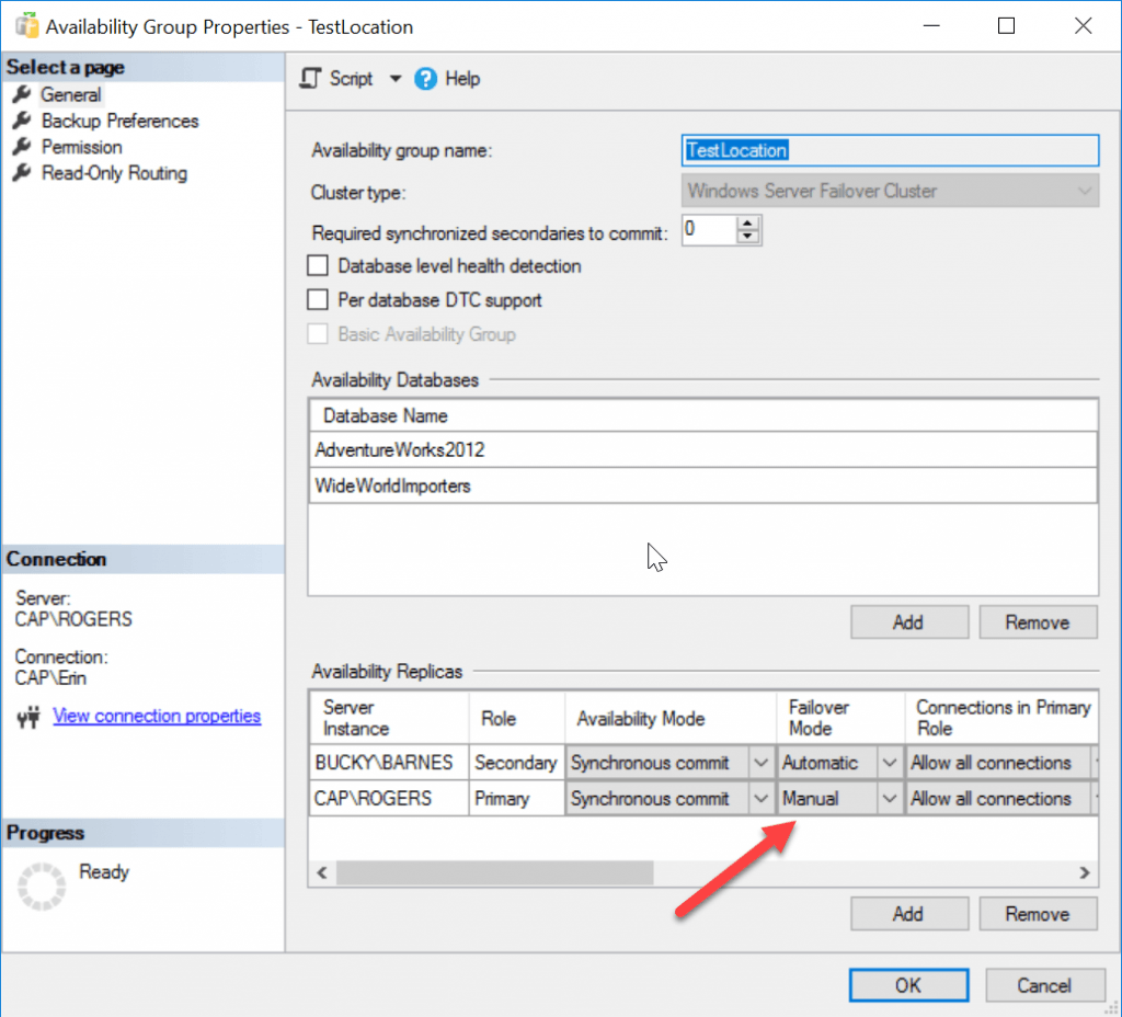 Change Failover Mode for the AG Temporarily