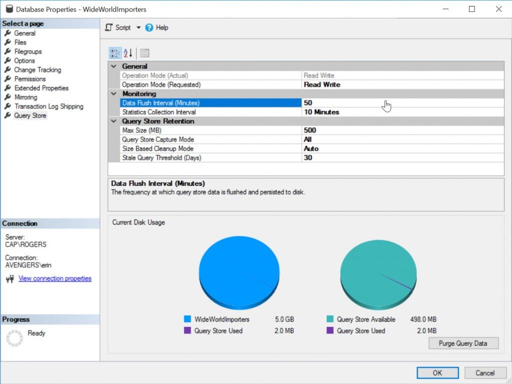 Query Store configuration for WideWorldImporters on CAP