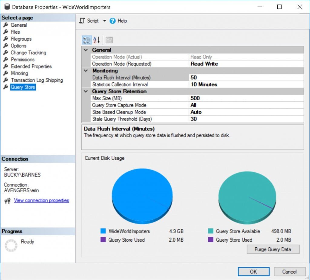 Query Store configuration for WideWorldImporters on BUCKY