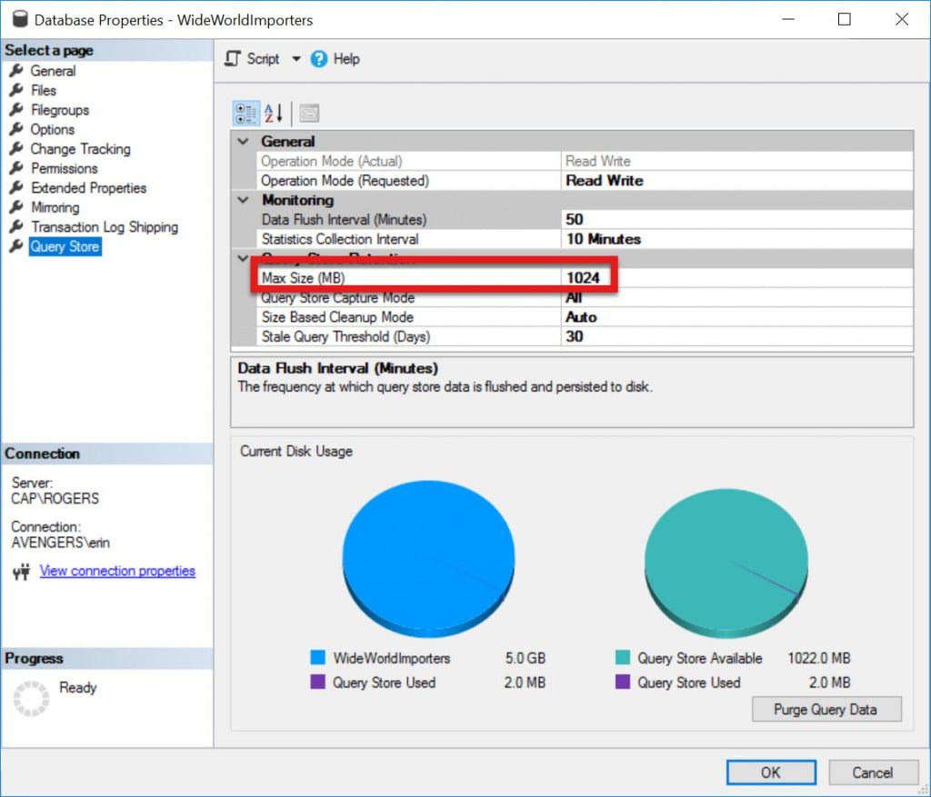 Query Store configuration for WideWorldImporters after change on CAP