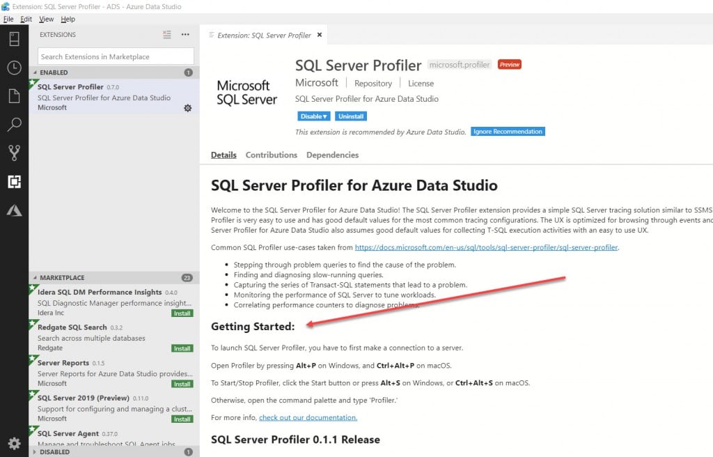 SQL Server Profiler Extension Installed