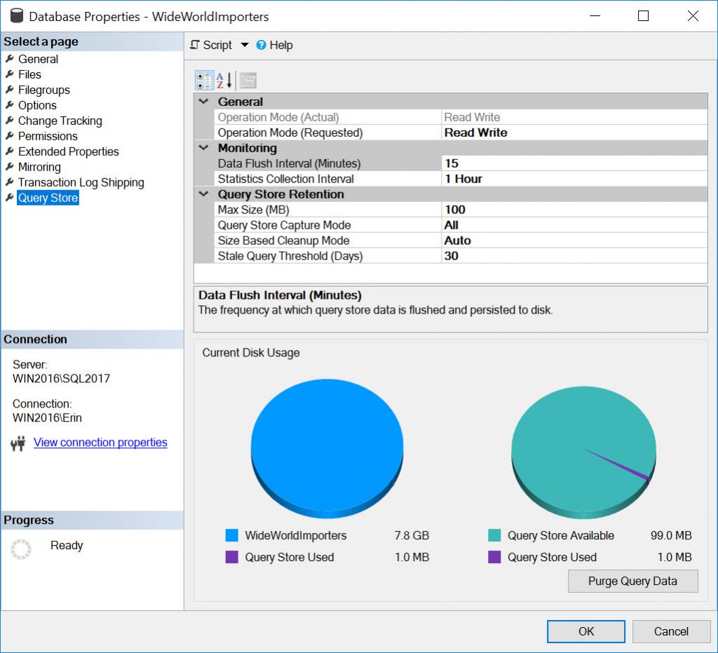 Query Store options in SSMS 18.3 and below