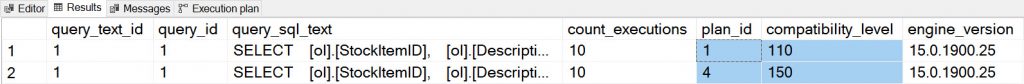 Output from sys.query_store_plan after change to compatibility level 150
