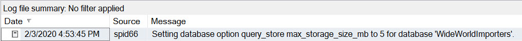 ERRORLOG entry showing Query Store setting change