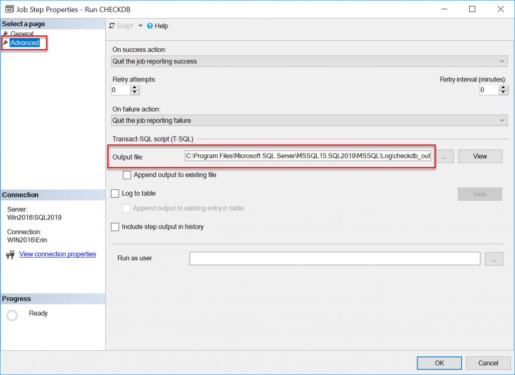 CHECKDB output file configuration