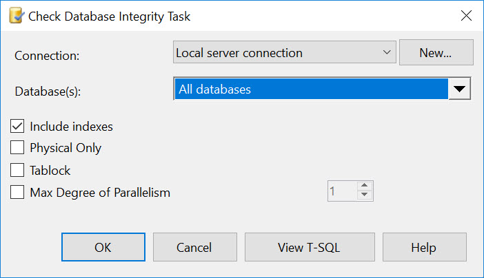 Options in the CHECKDB maintenance task