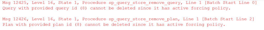 Query or plan with provided id cannot be deleted since it has an active forcing policy.