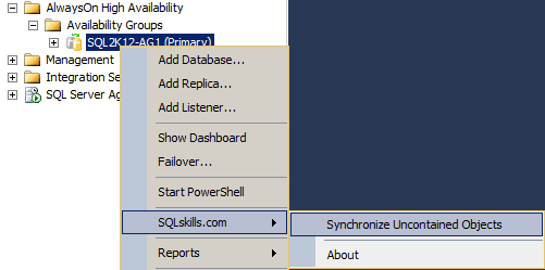 SQL Server 2012 AG Add in Menu SQL Server 2012 Availability Group Add in